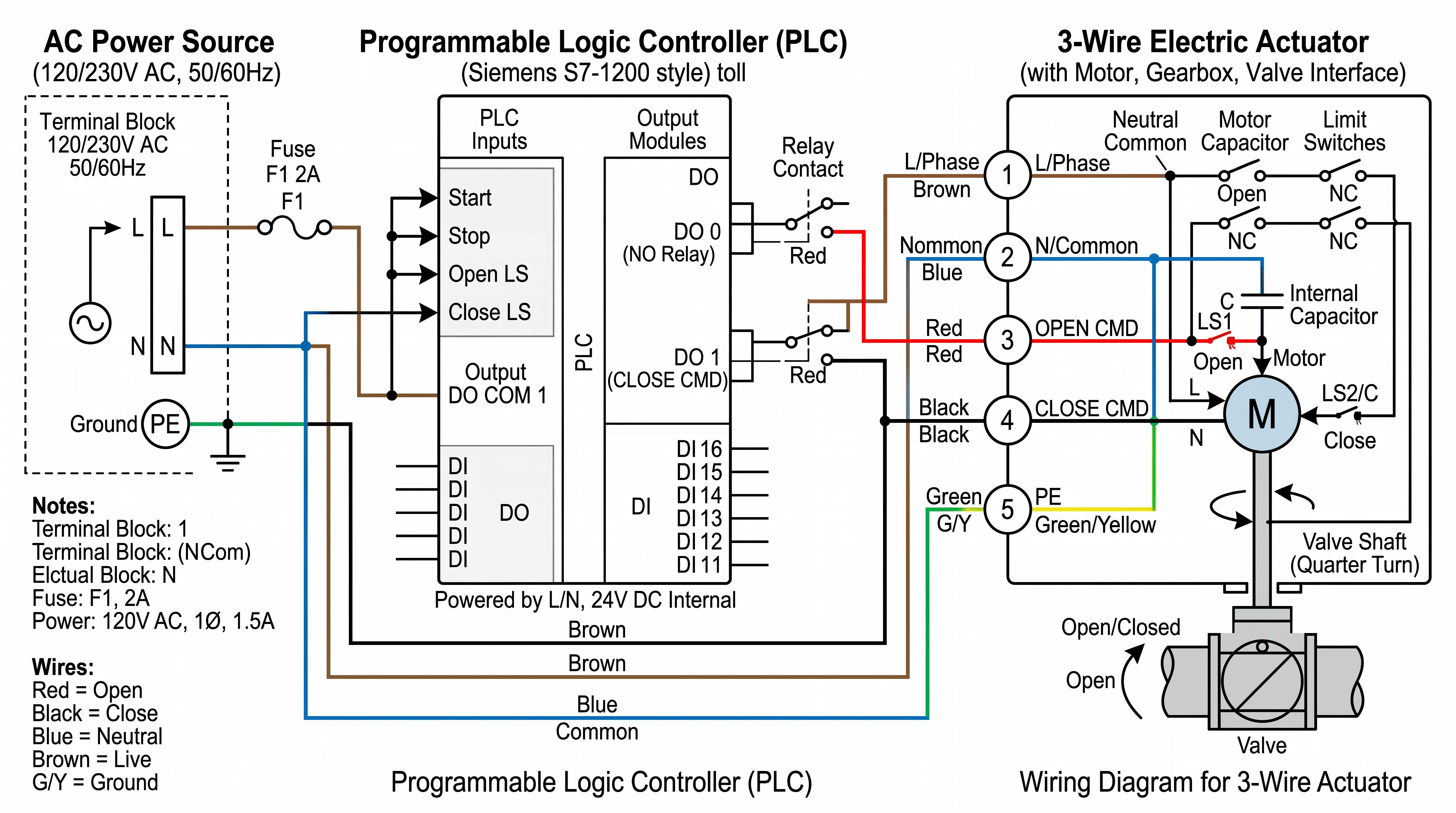 3 wire electric actuator wiring diagram with PLC outputs open close commands and limit switches